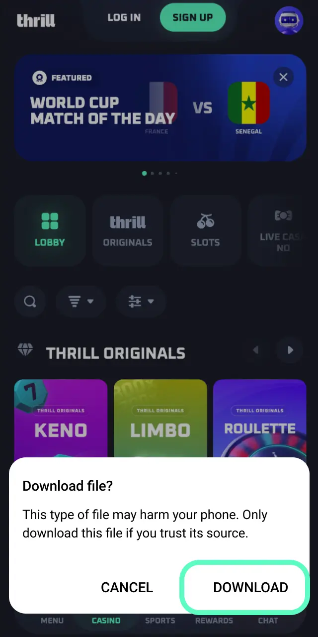 Confirm the Thrill APK download by accepting the browser prompt on your screen.