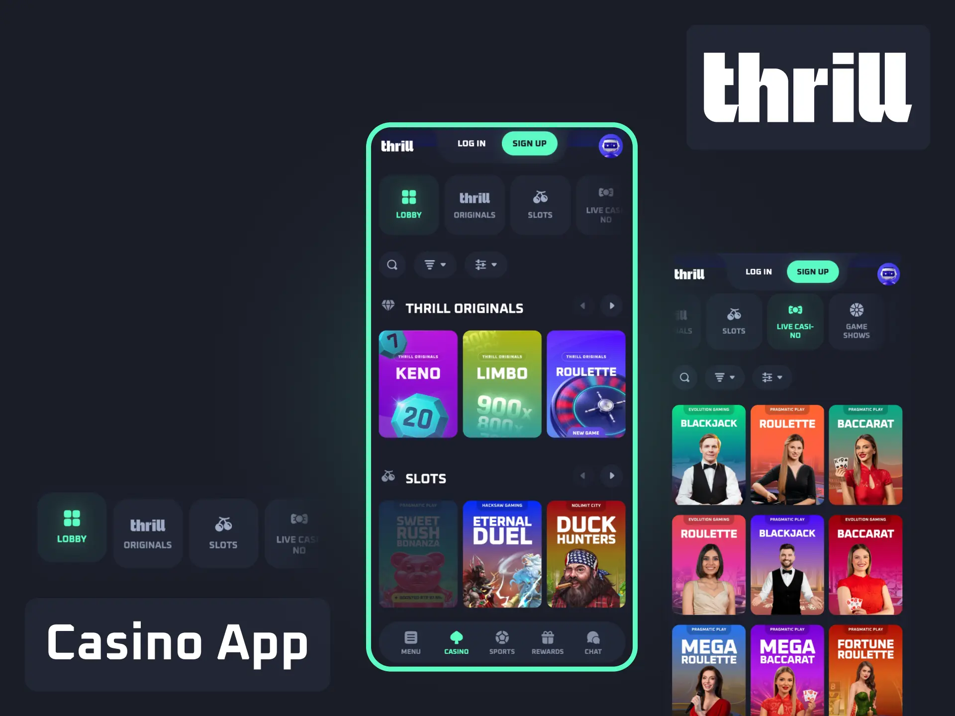 Casino app from Thrill with slots, crash games, table games, and live dealers.