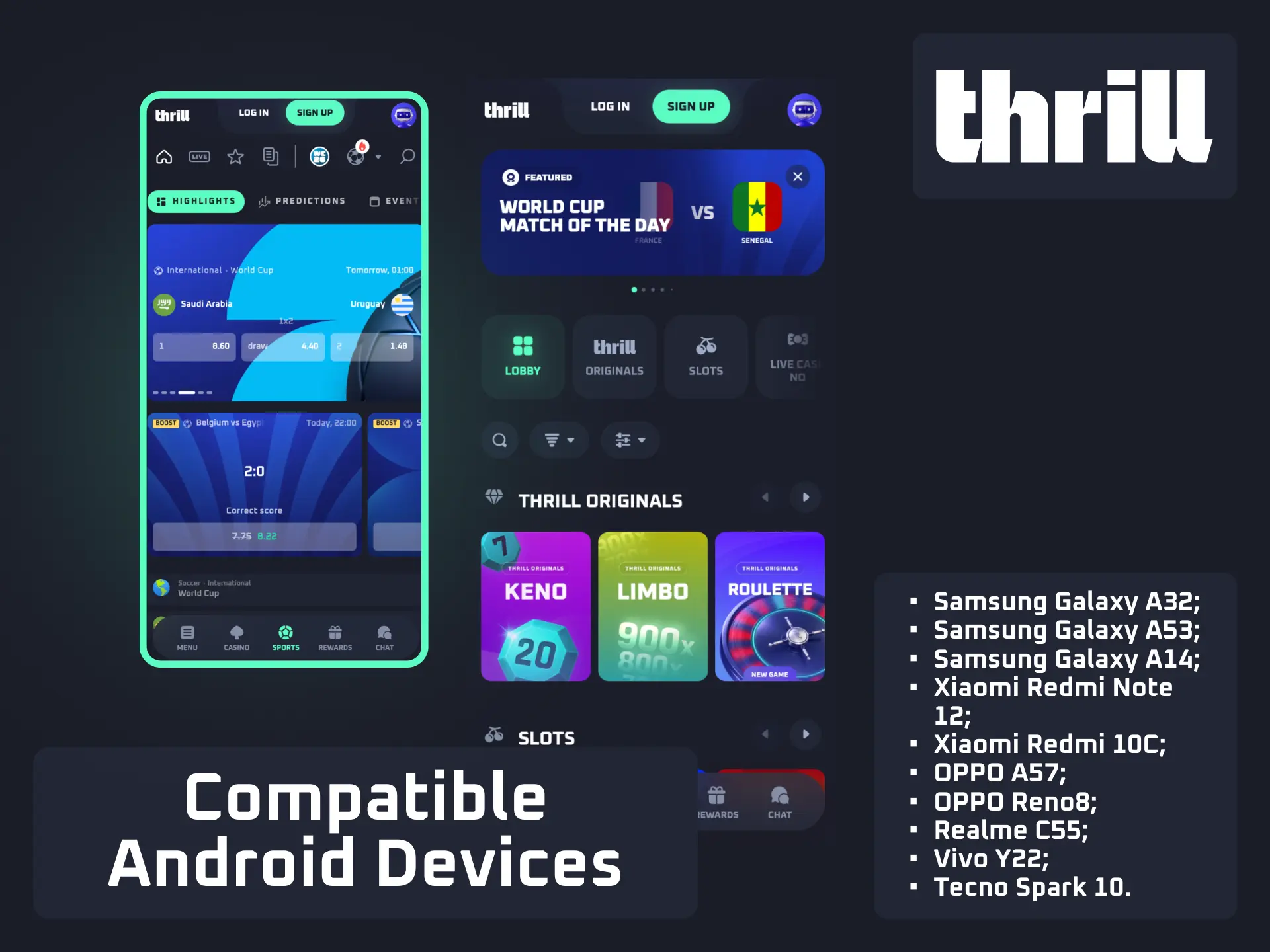 List of compatible Android devices for the Thrill app including Samsung, Xiaomi, and OnePlus.