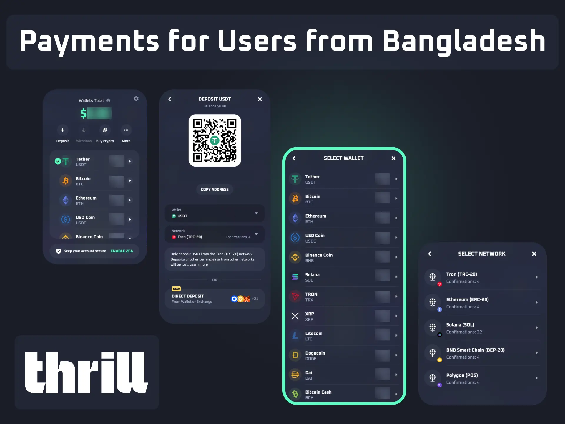 Secure payment methods for deposits and withdrawals in the Thrill app for Bangladesh.