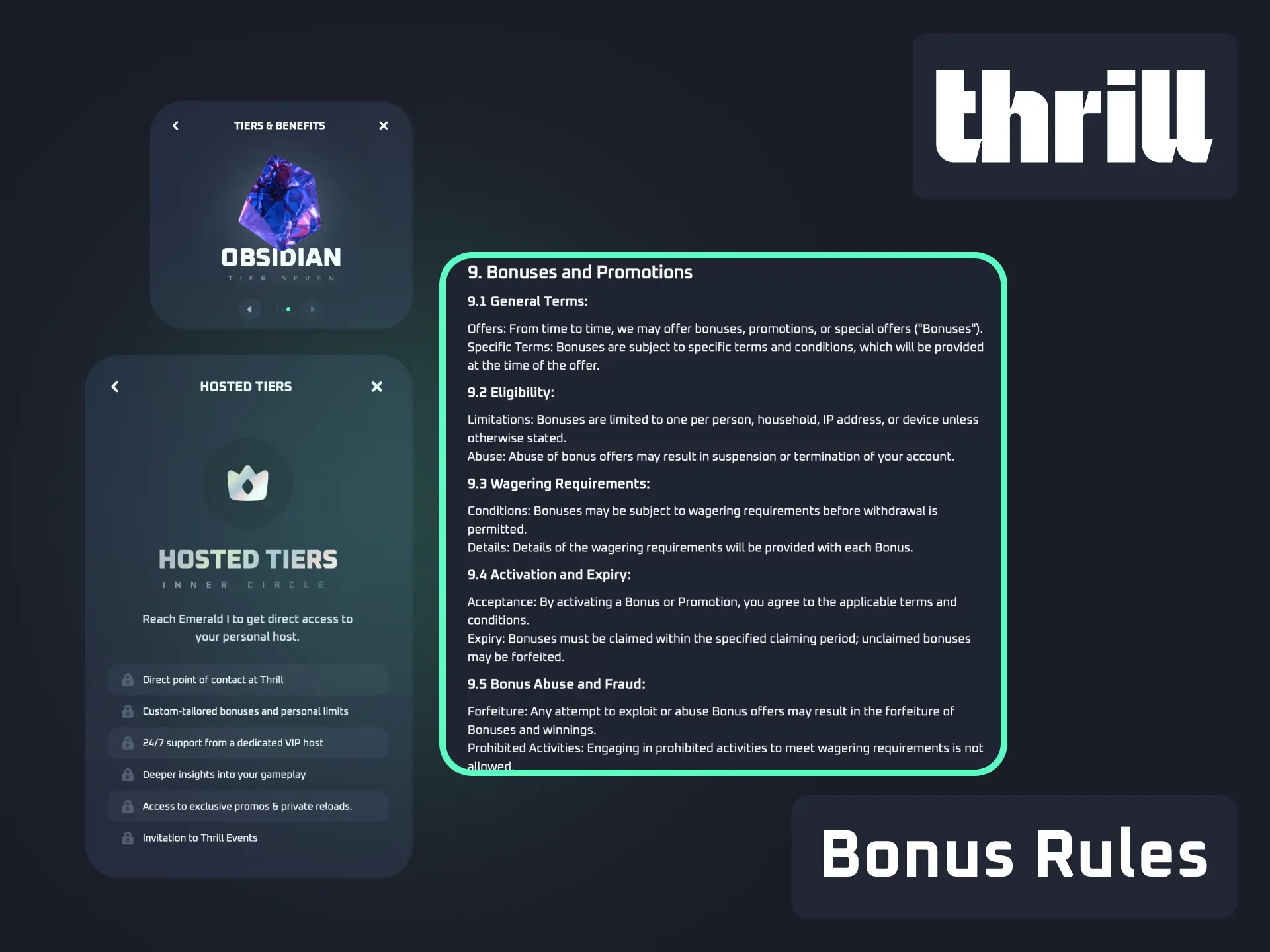Bonus rules and conditions for Thrill including wagering requirements and expiry dates.