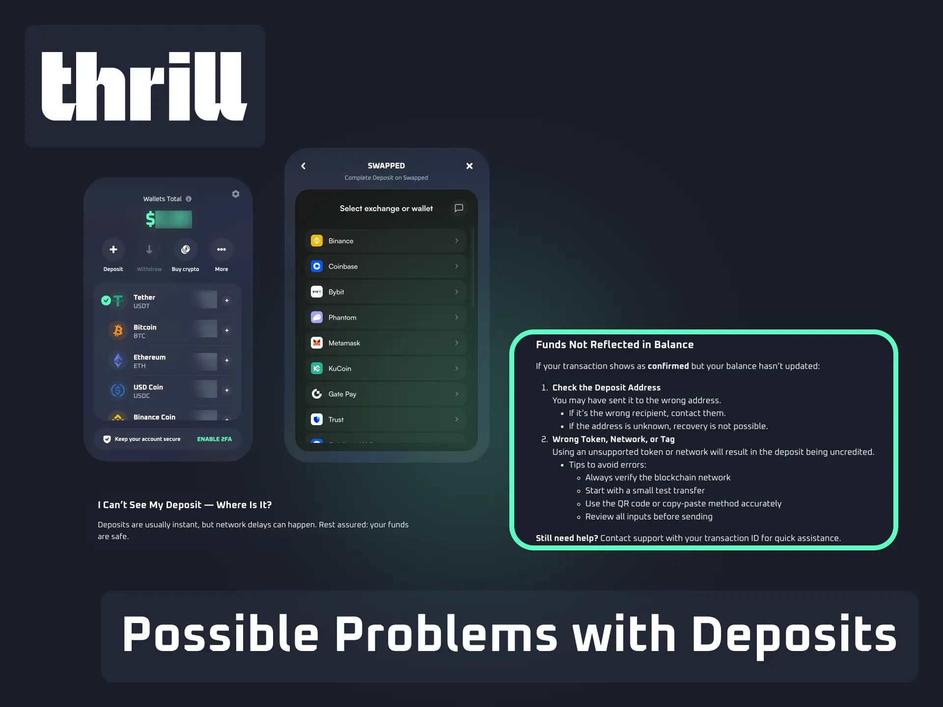 Solutions for possible problems with deposits on Thrill including delays or declines.