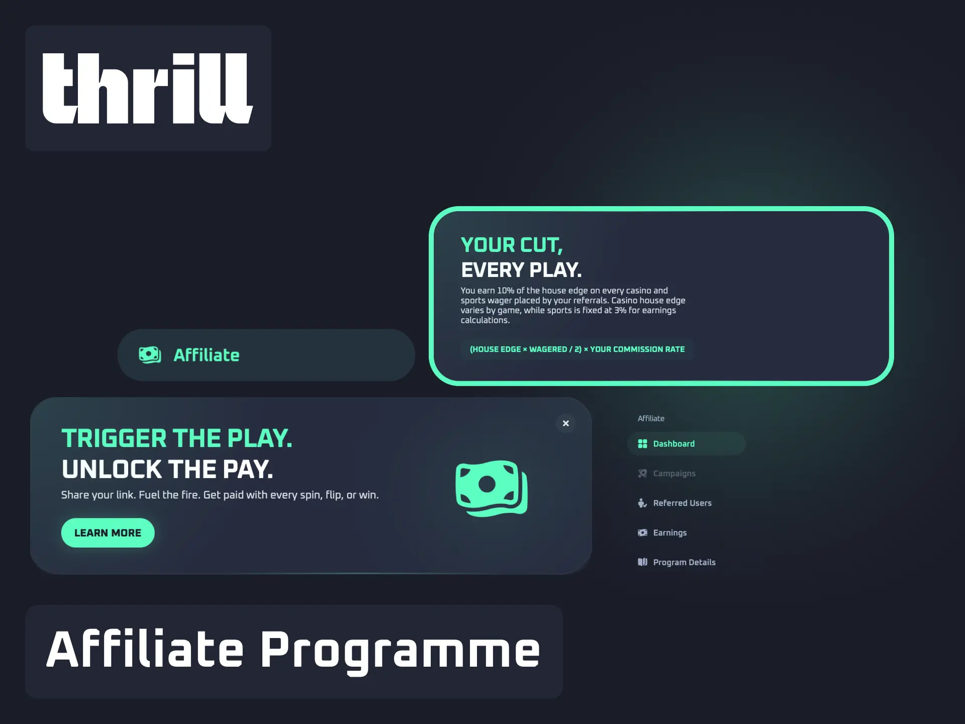 Affiliate programme on Thrill to earn commissions by referring new players.