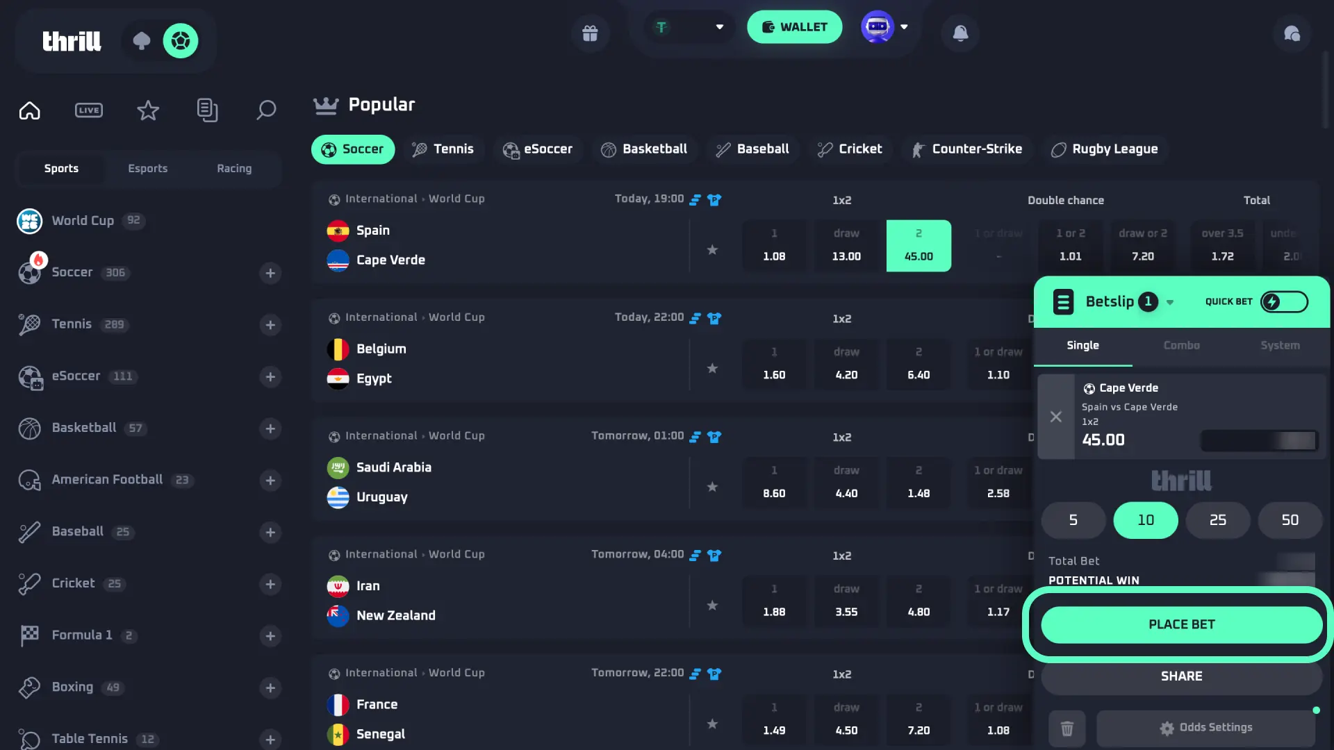 Review odds and stake on Thrill, then click Place Bet to submit your wager.