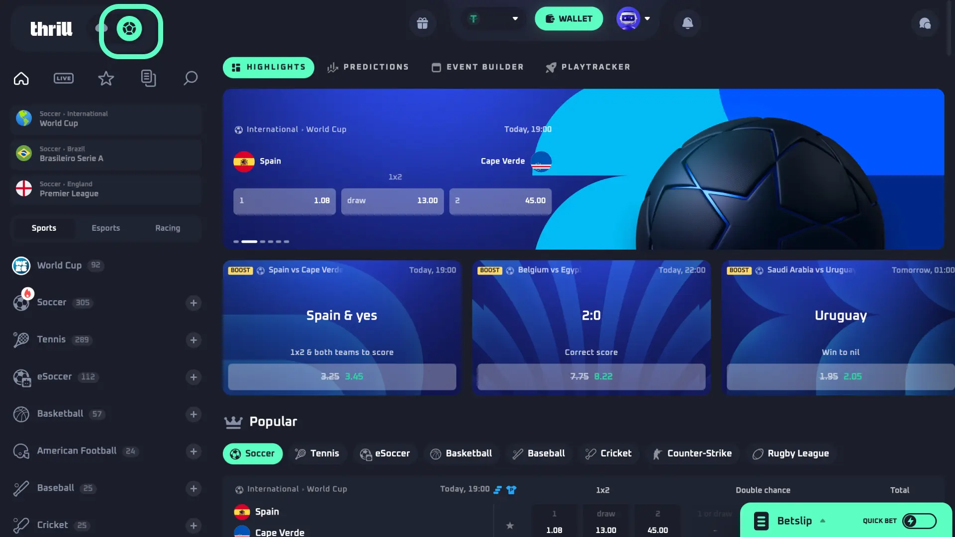 Click Bet on Sport on this page to go directly to the Thrill sports section.