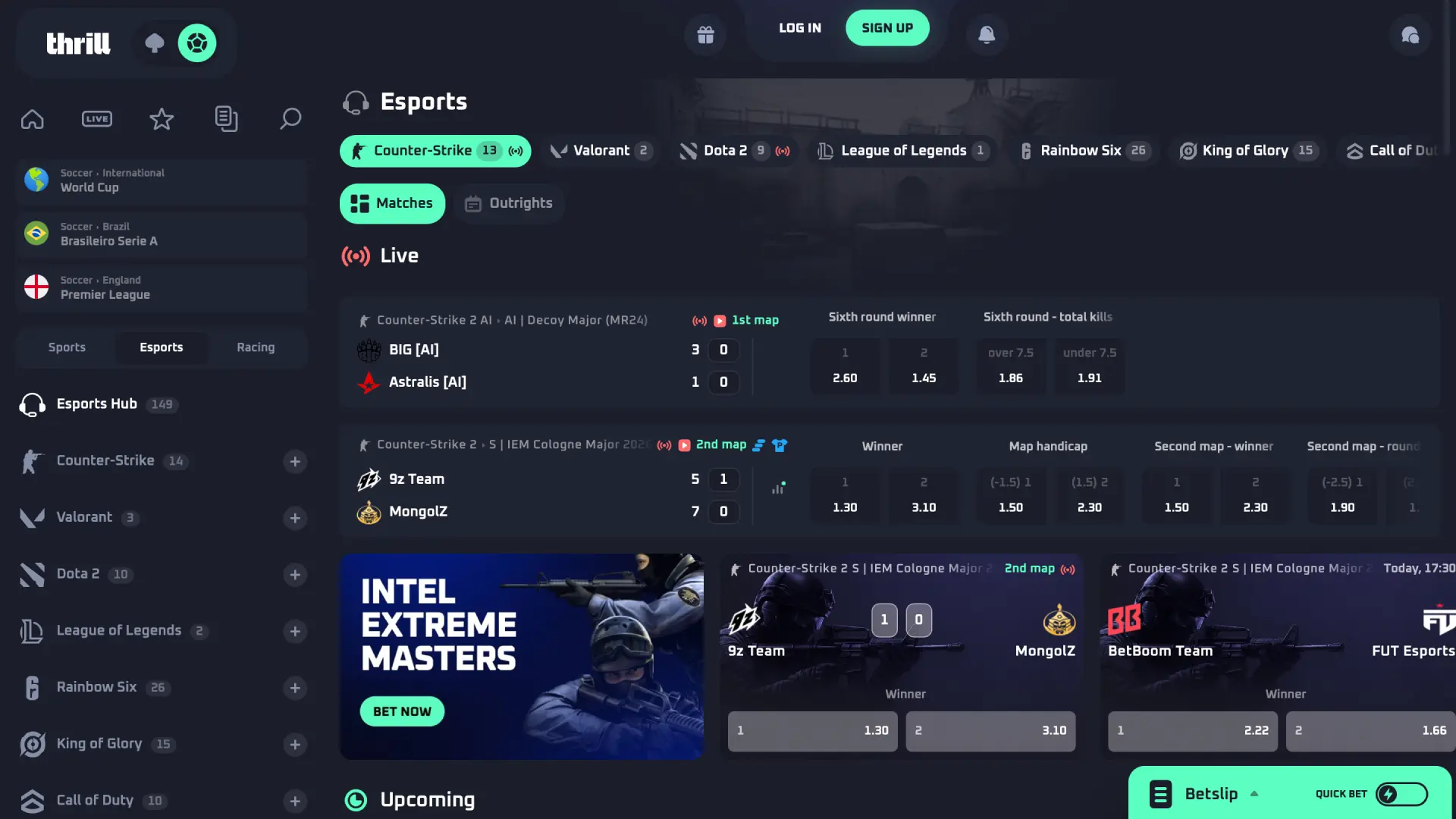 Esports betting interface on Thrill Bangladesh with CS2, Dota 2, and League of Legends.