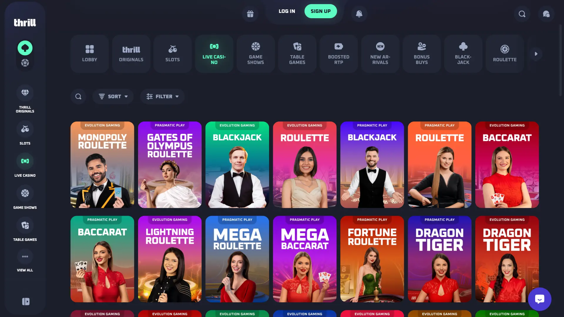 Live casino interface on Thrill Bangladesh with real dealers for roulette and blackjack.