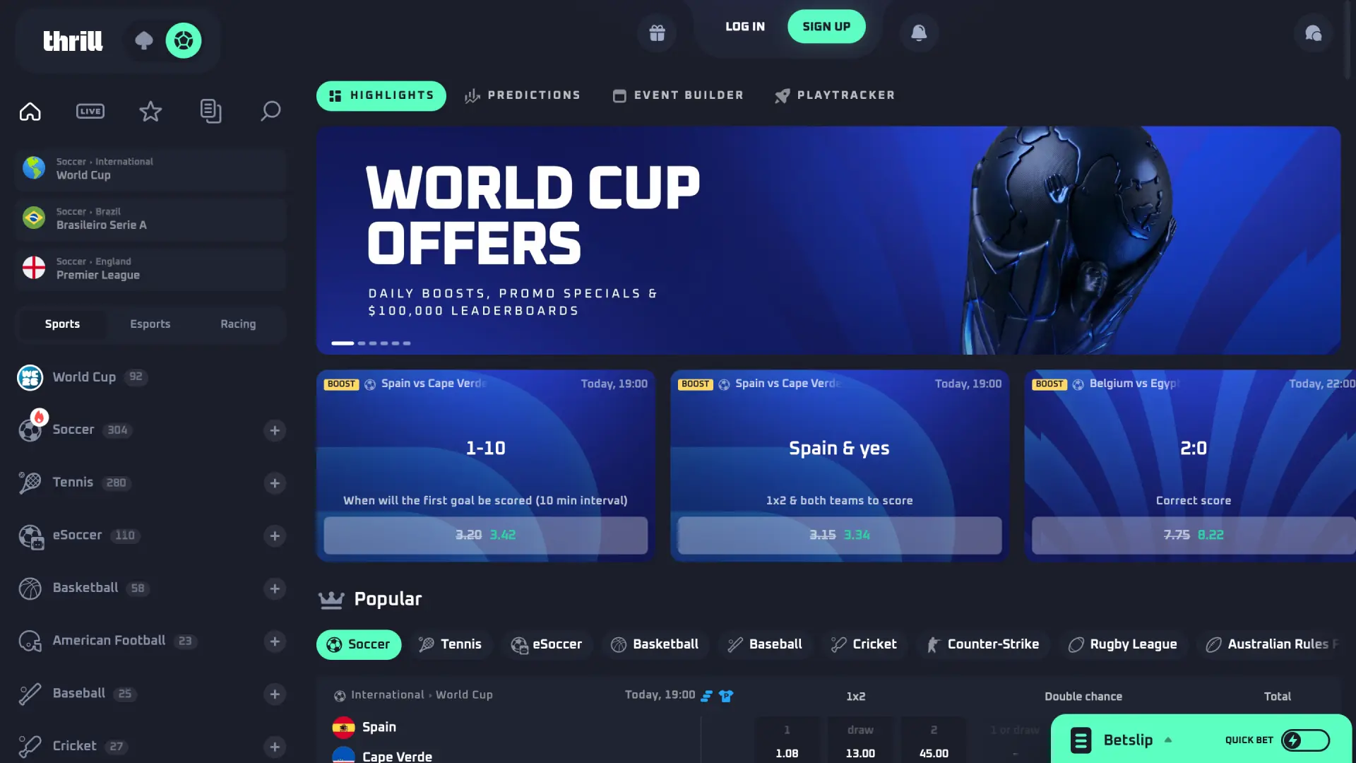 Sports betting interface on Thrill Bangladesh with live odds and upcoming matches.