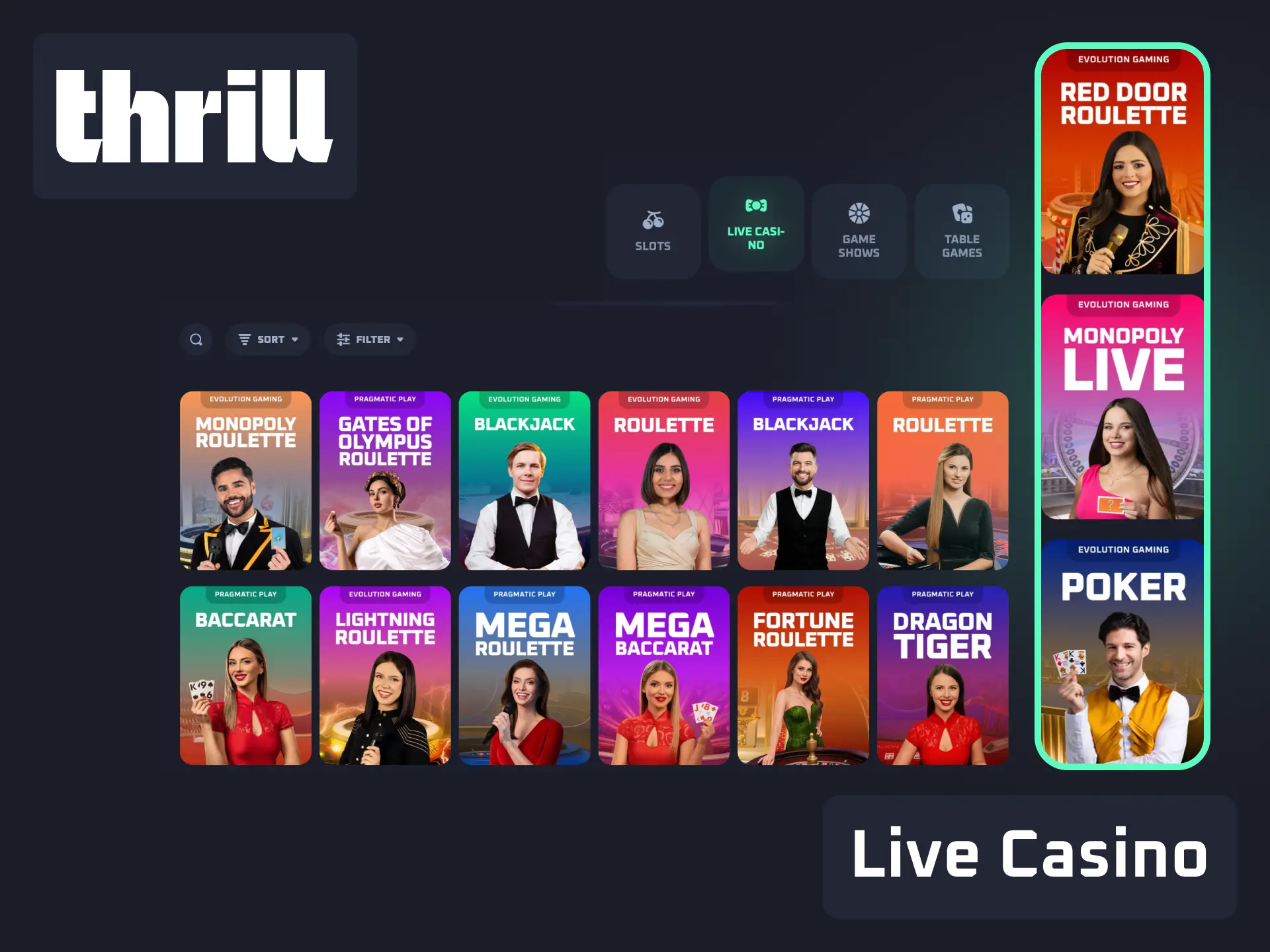Live casino on Thrill with real dealers for blackjack, roulette, and baccarat.