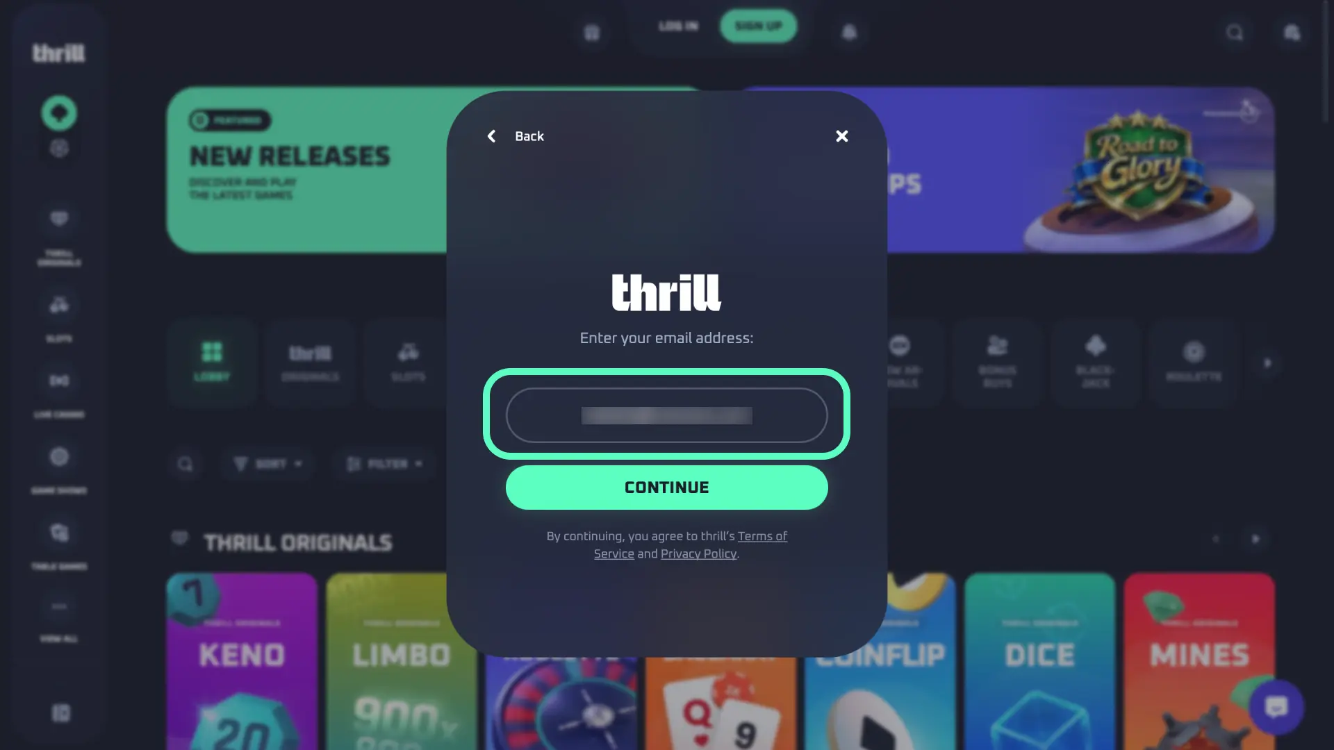 Input your registered email or phone number and password on Thrill login form.