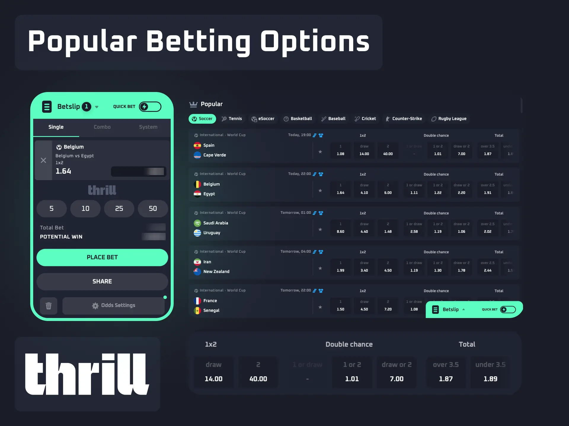 Popular betting options on Thrill including live betting, pre-match markets, and accumulators.