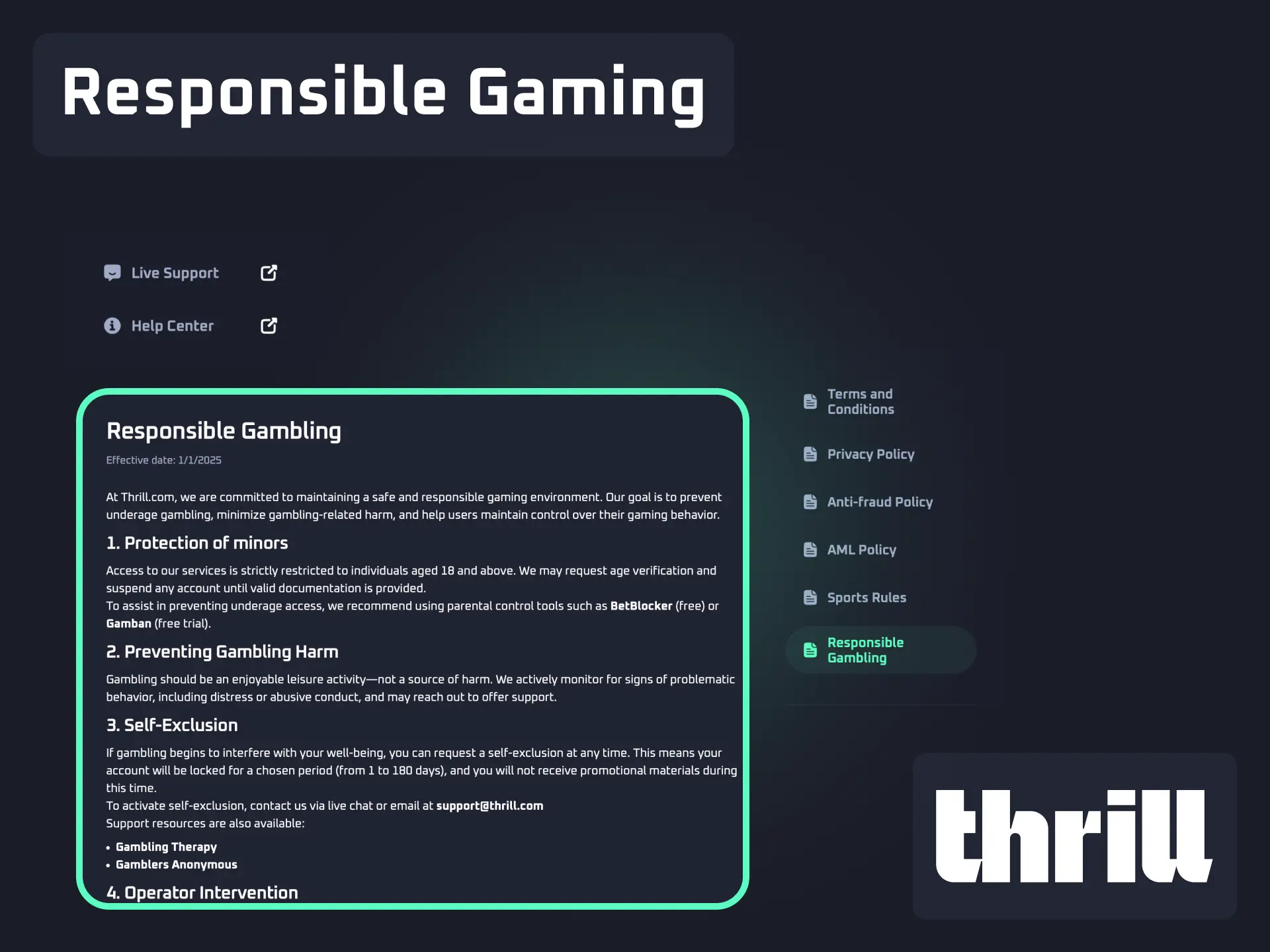 Responsible gaming tools on Thrill to set limits and protect your balance.