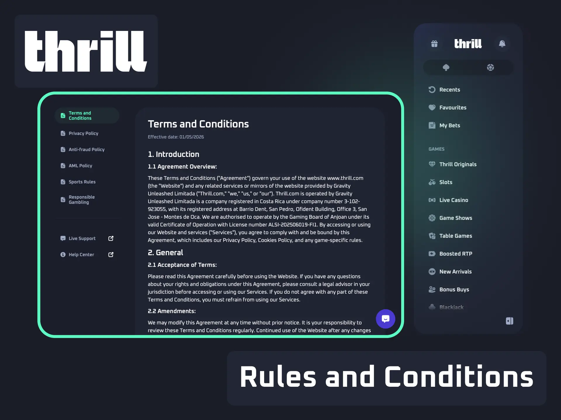 Rules and conditions for using Thrill sportsbook and casino in Bangladesh.