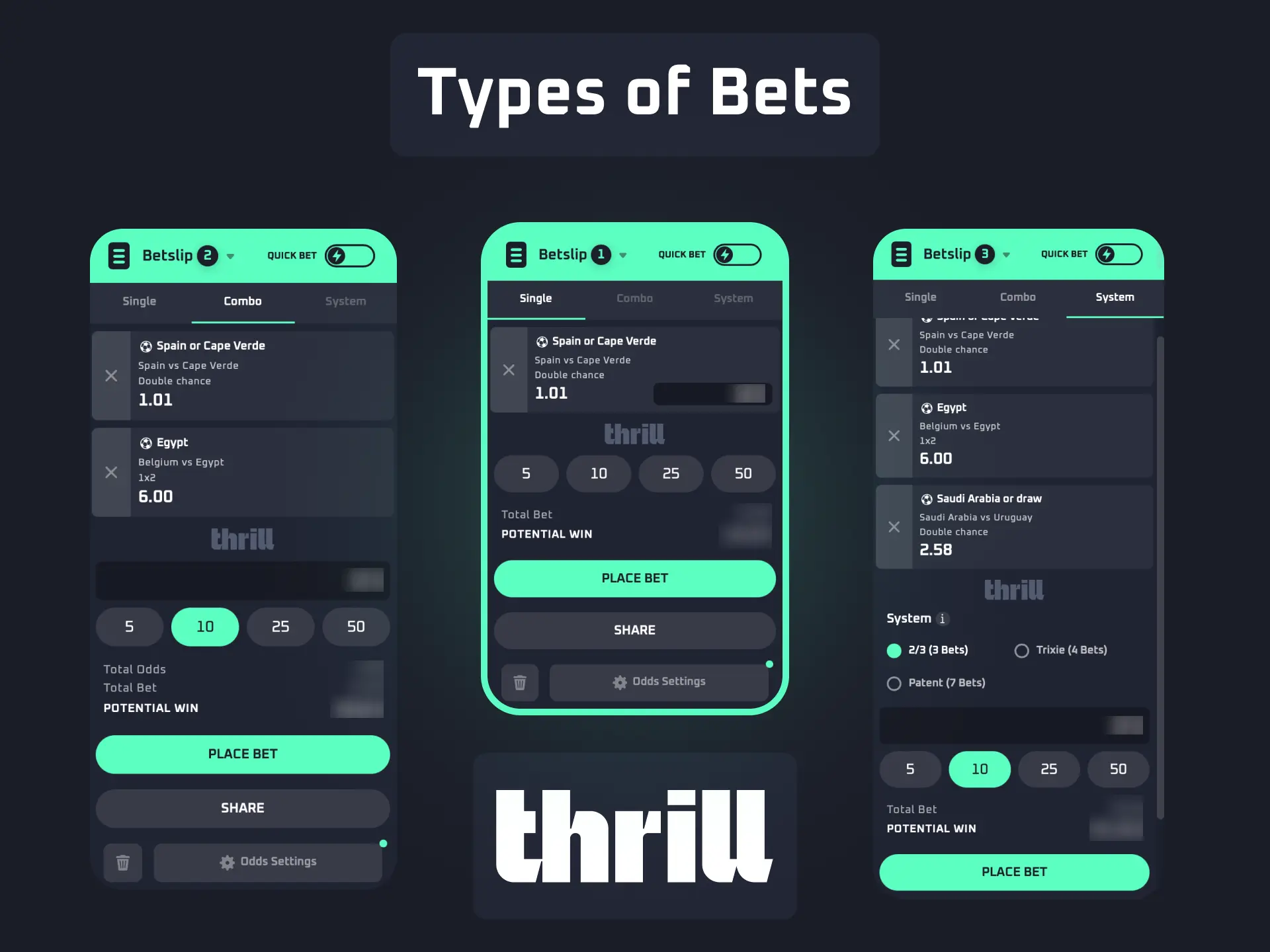 Types of bets on Thrill including singles, accumulators, handicaps, and system bets.