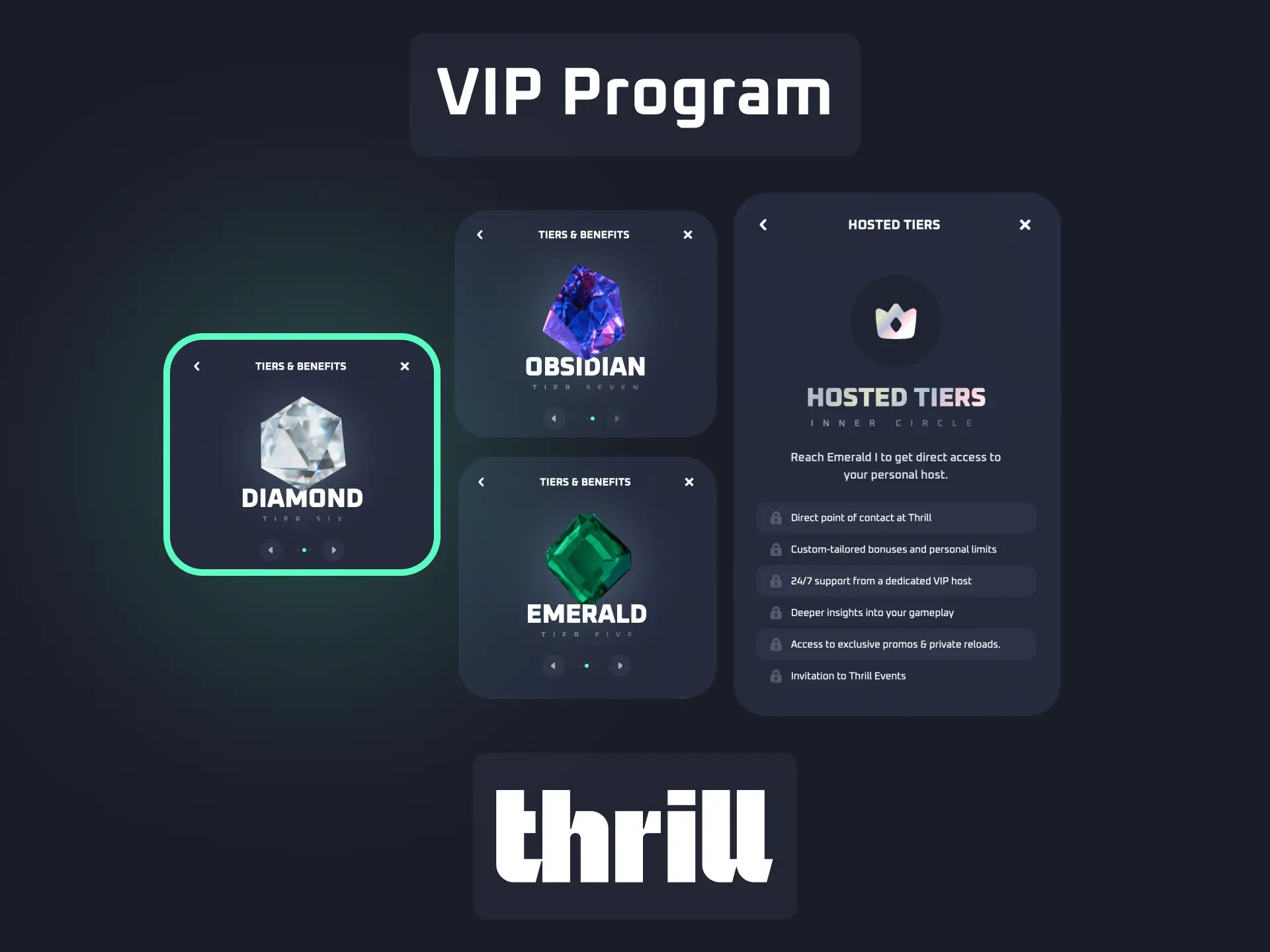 VIP program on Thrill with exclusive rewards, cashback, and personal account manager.