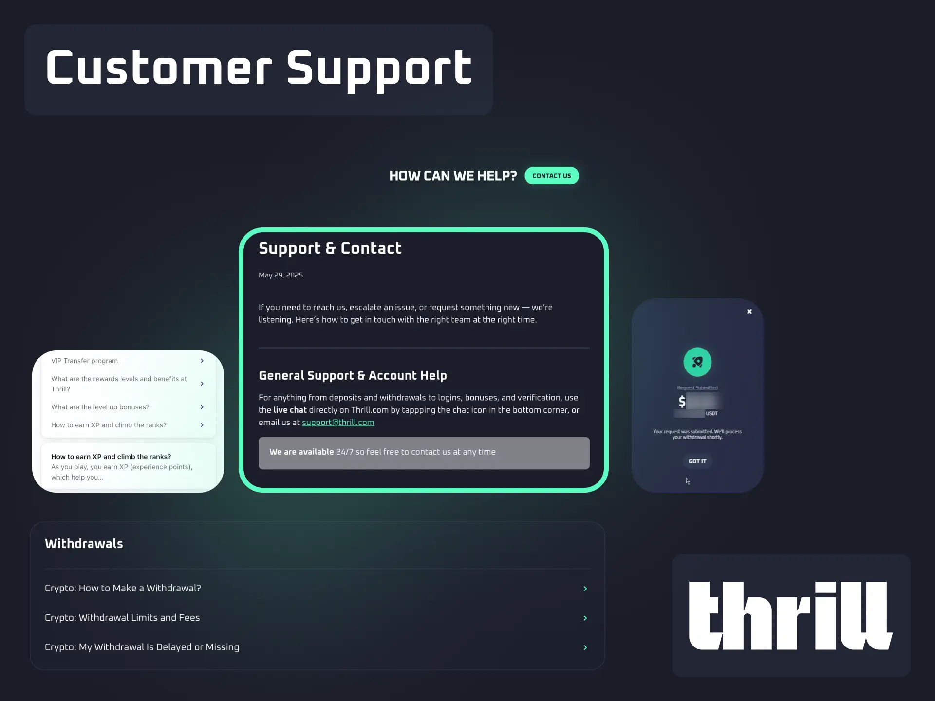 Contact Thrill customer support via live chat or email for withdrawal questions in Bangladesh.