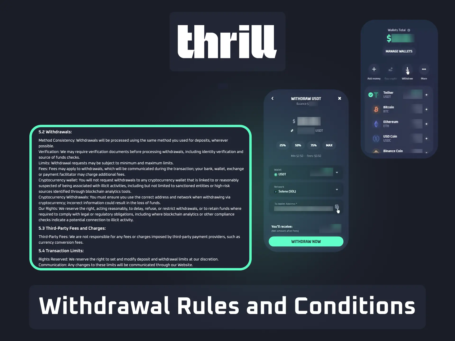 Withdrawal rules and conditions for Thrill including minimum amounts and verification requirements.